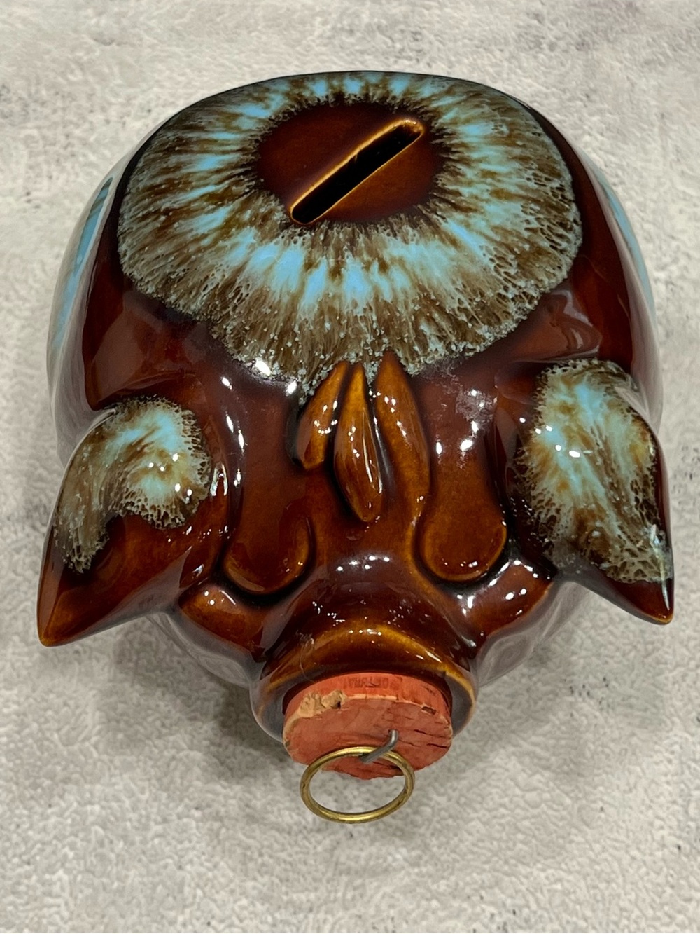 Vintage 50s Hull Pottery Corky Pig Ceramic Coin Bank MCM Brown Blue Drip Glaze - Picture 6 of 9
